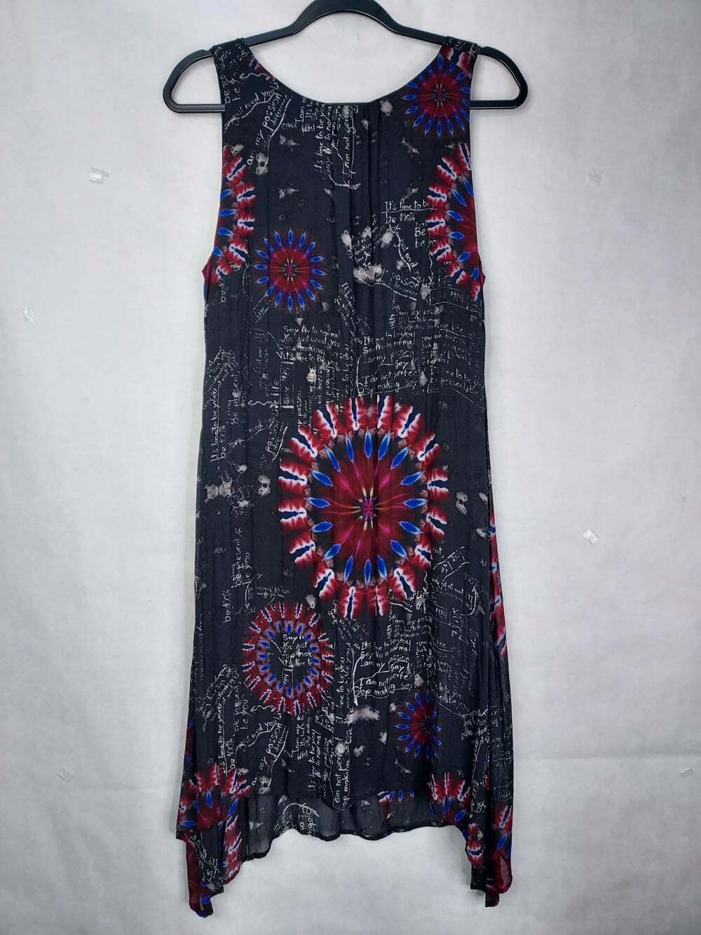 Desigual "Say No to Normal" Shift Dress XL Multicolor Script Sharkbite Hem Boho